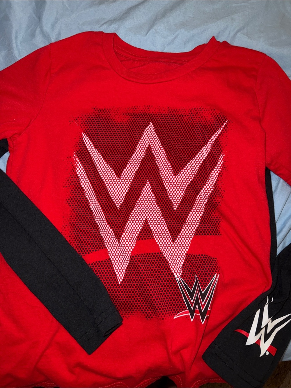 WWE Red Short Sleeve Top with Black long sleeve and Logo size 8 SM